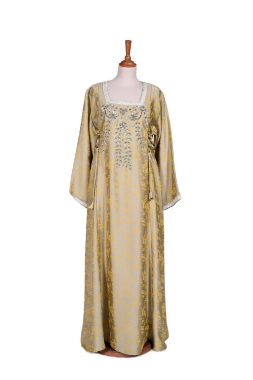 Golden Olive Jacquard Kaftan with Crystal-Embellished Bodice
