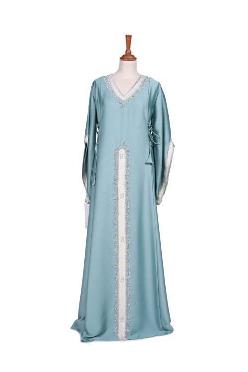 Seafoam Blue Kaftan with Crystal-Embellished Center Panel
