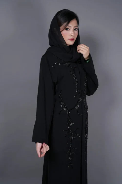 Elegant Black Embellished Abaya with Handcrafted Detailing